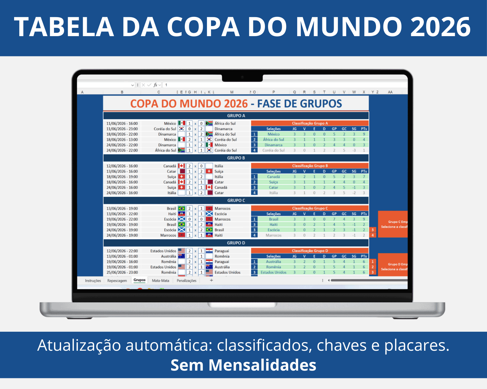 Tabela da Copa do Mundo 2026 editável com atualização automática de grupos, chaves e placares