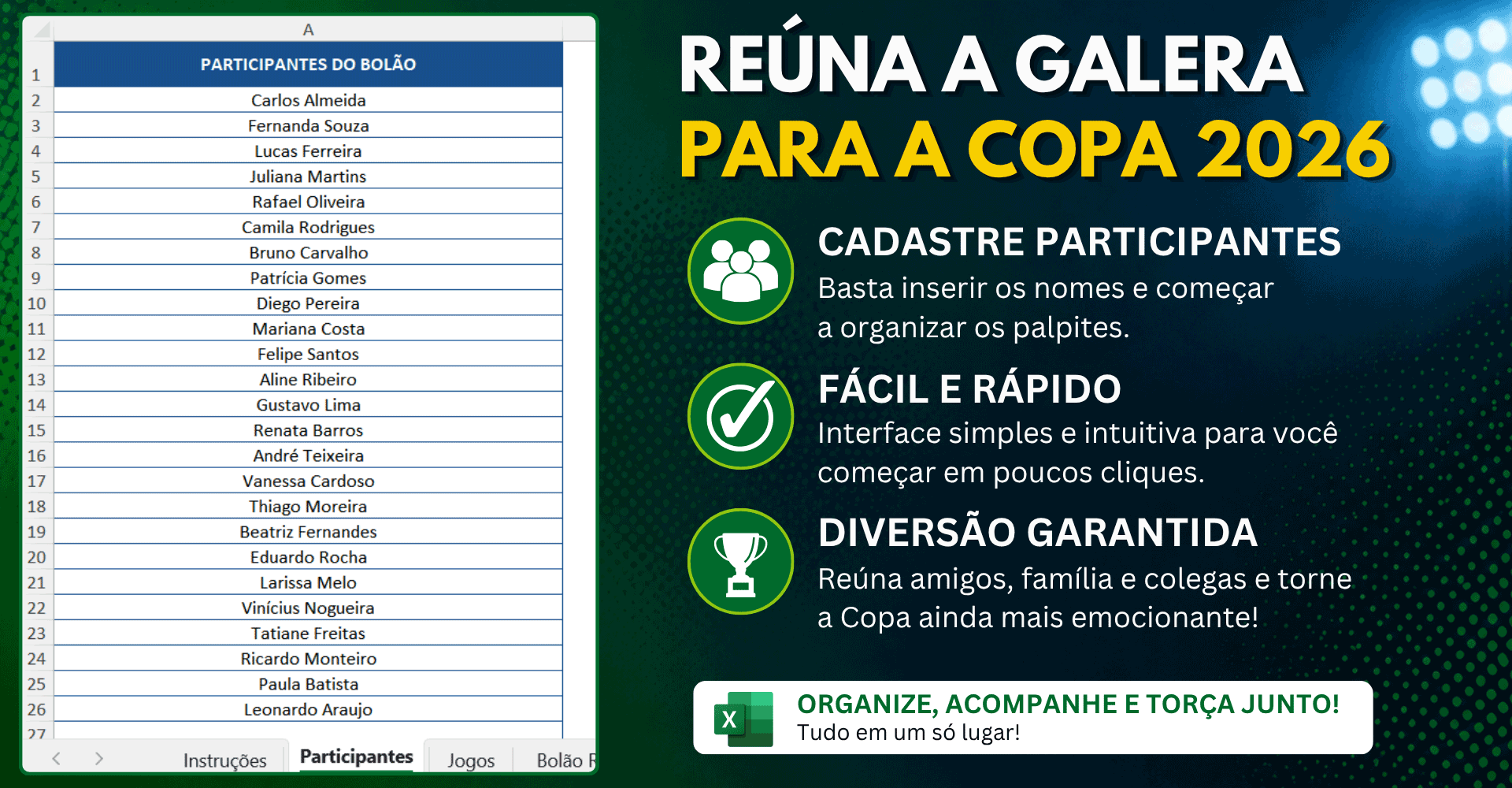 Planilha de Bolão da Copa do Mundo 2026 mostrando o cadastro de participantes do bolão