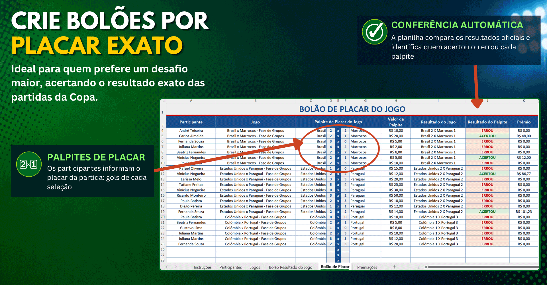 Tela da planilha de Bolão da Copa do Mundo 2026 para palpites de placar exato dos jogos