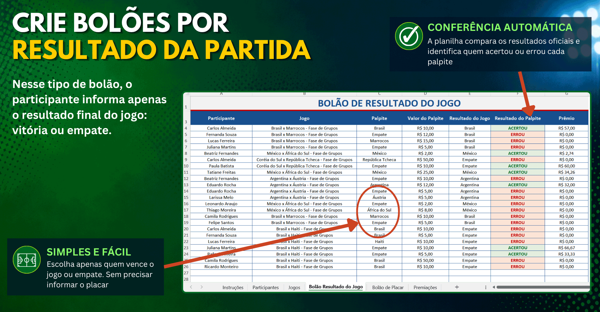 Planilha de bolão da Copa 2026 para palpites de vencedor da partida ou empate