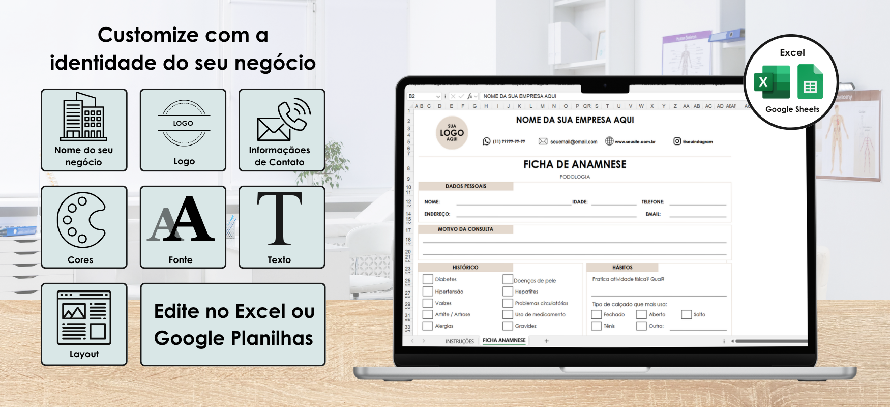 Ficha editável no Excel e Google Planilhas com personalização
