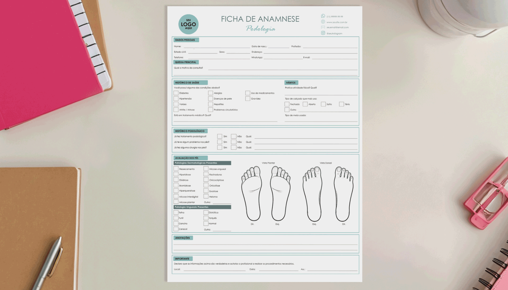 Modelo 1 de ficha de anamnese para podologia completo e organizado